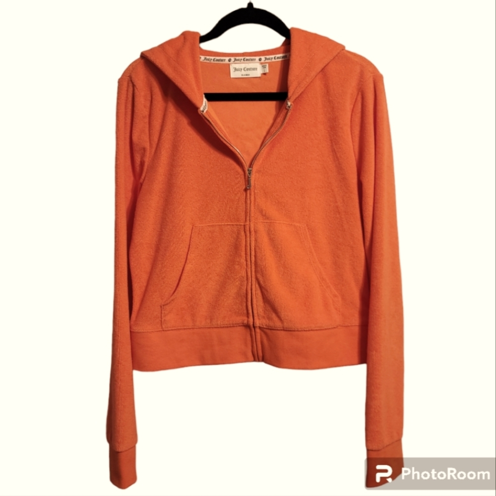Juicy Couture Hoodie Jacket Women's Large Orange Terry Cloth Zip-Up Vintage Logo - Picture 3 of 10
